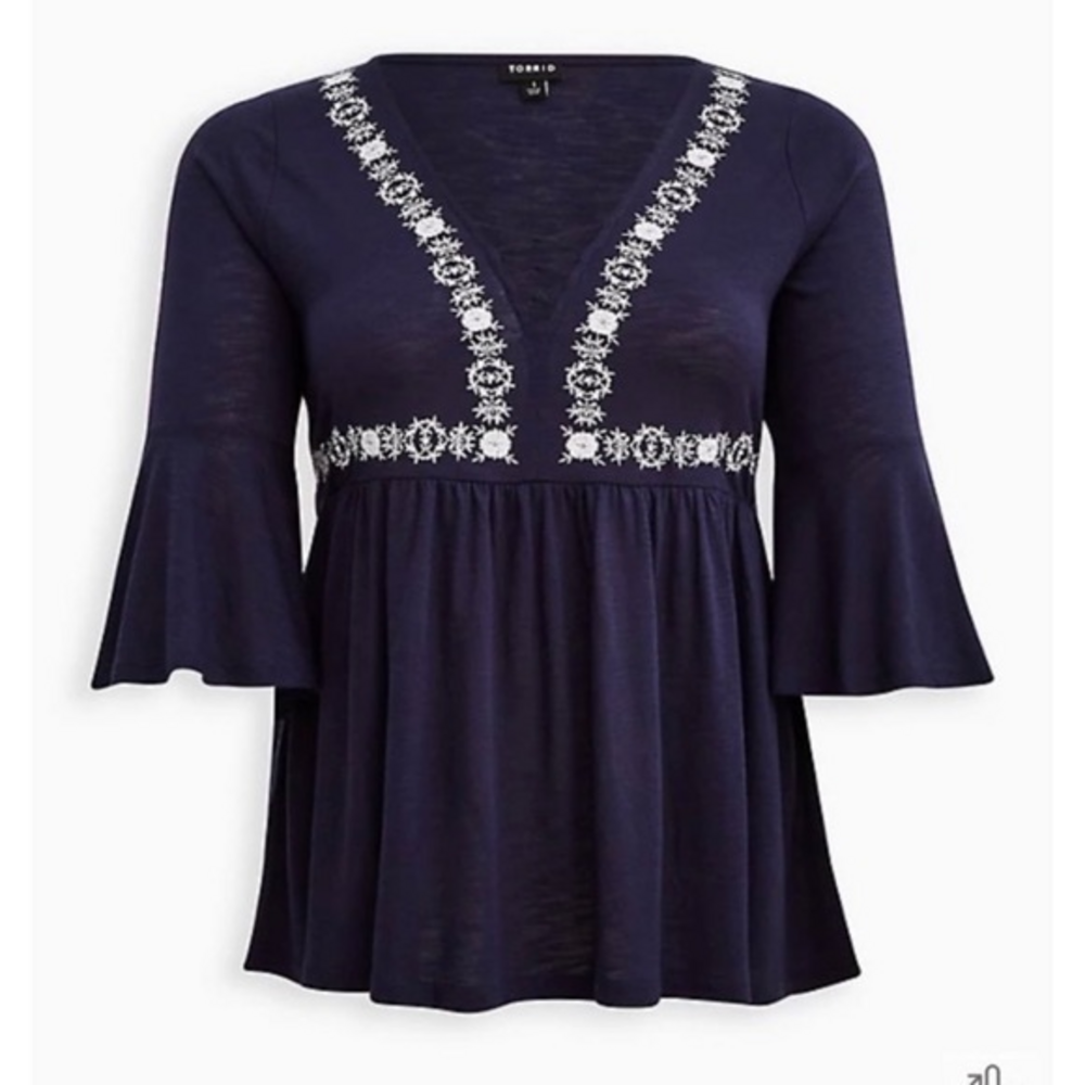 NEW BABYDOLL KNIT V-NECK LACE-UP EMBROIDERED TOP SIZE 0X‎